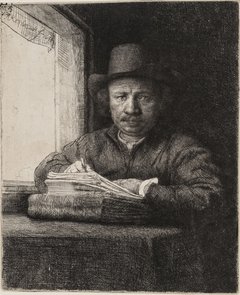Rembrandt sitzt am Fenster und zeichnet