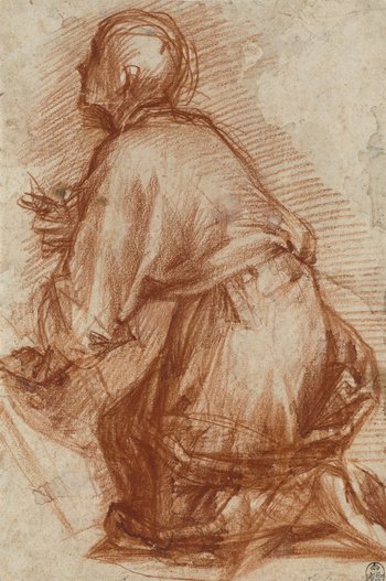 Zeichnung eines Mannes in Rückenansicht, der kniet