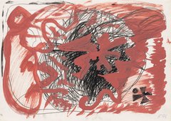 A.R. Penck, Pinselzüge in Rot über schwarzer Kreidezeichnung, 1976