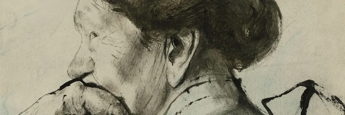 Das Gemälde einer Frau im Porträt in Schwarz-Weiß.