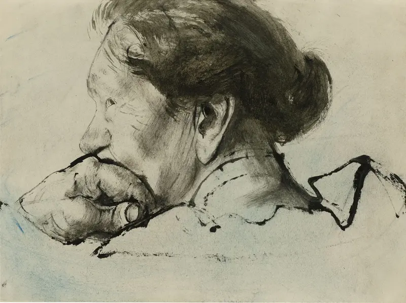 Das Gemälde einer Frau im Porträt in Schwarz-Weiß.