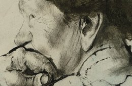 Josef Hegenbarth, Frauenkopf im Profil nach links, um 1947 Das Gemälde einer Frau im Porträt in Schwarz-Weiß.