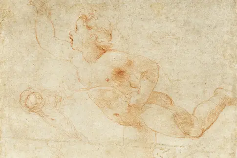 Rötelzeichnung eines schwebenden Amorknabes