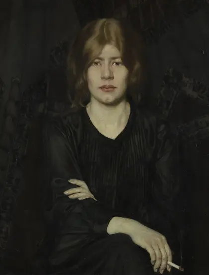 Oskar Zwintscher, Bildnis einer Dame mit Zigarette, 1904 Portrait einer Frau vor schwarzem Hintergrund