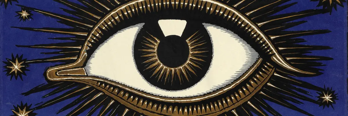 Plakat zur Hygiene-Ausstellung 1911 mit einem fliegenden Auge über antiken Säulen