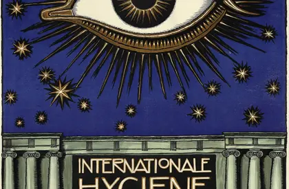 Plakat zur Hygiene-Ausstellung 1911 mit einem fliegenden Auge über antiken Säulen