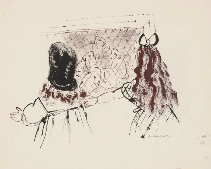 Eine Zeichnung zeigt zwei Kinder beim Betrachten von Kaninchen