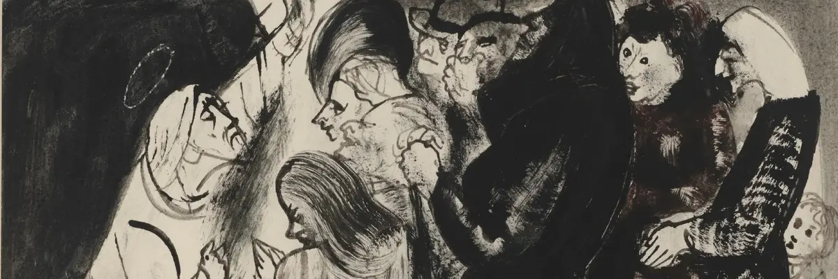 Die Zeichnung einer Gruppe Personen, eine davon kniet nieder.