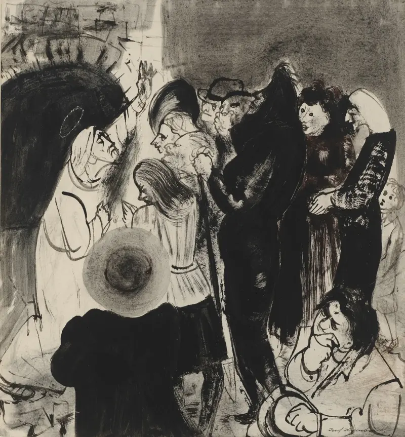 Die Zeichnung einer Gruppe Personen, eine davon kniet nieder.