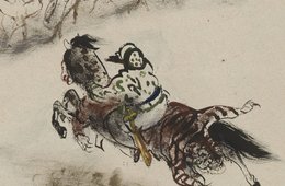 Tuschezeichnung von Josef Hegenbarth, um 1942 Reiter mit Schwert galoppiert auf Karawane zu