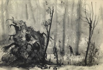 Zeichnung eines Waldes mit einer Person, in schwarz