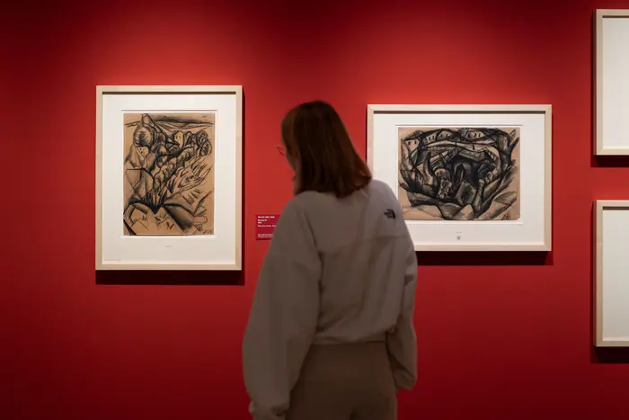 Eine Besucherin betrachtet zwei gerahmte Zeichnungen an einer roten Wand.