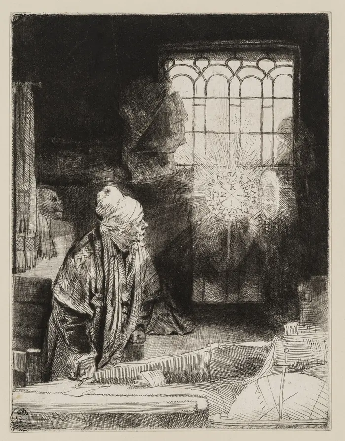 Zeichnung eines Mannes mit Mütze und langen Gewändern in einem Zimmer mit Fenster.