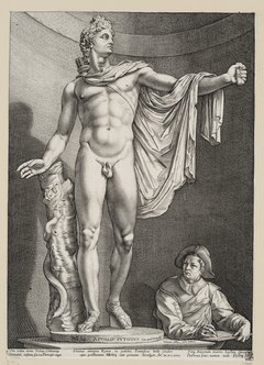 Kupferstich, der eine Apollo-Statue und einen Künstler zeigt