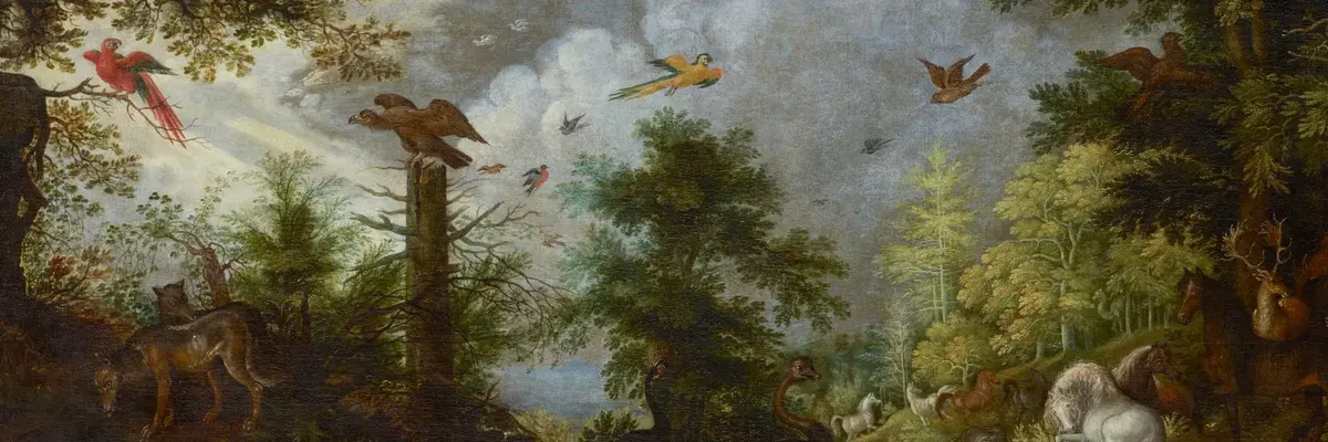 das lange schmale Gemälde zeigt eine Vielzahl unterschiedlicher Tiere zu Wasser, zu Land, zu Luft