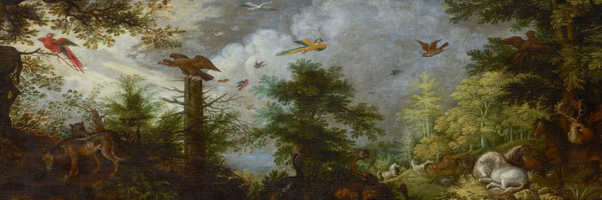 das lange schmale Gemälde zeigt eine Vielzahl unterschiedlicher Tiere zu Wasser, zu Land, zu Luft