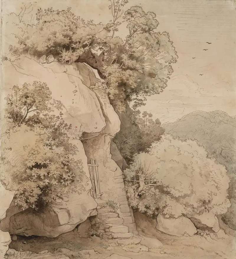 Die Zeichnung eines bewachsenen Felsens mit kleiner Treppe.