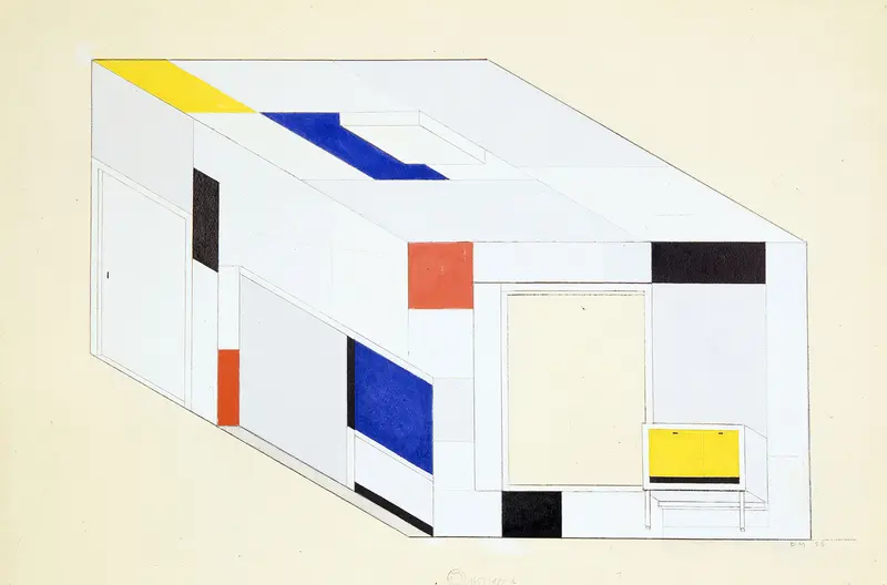 Quader mit Tür und Fenstern und einigen viereckigen, angemalten Flächen