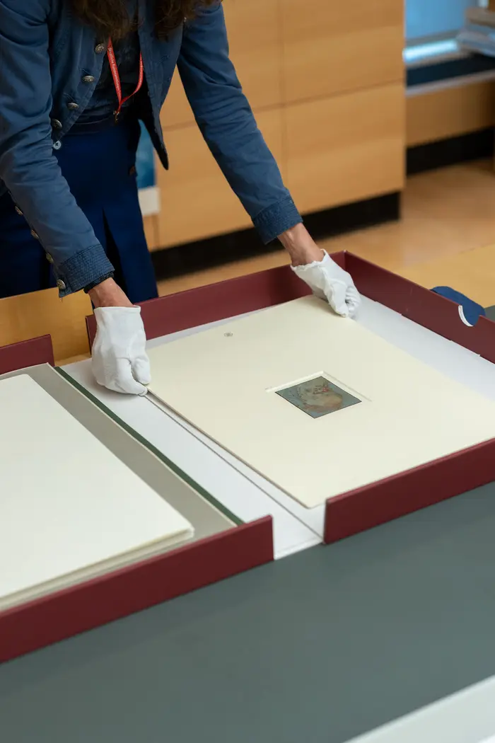 Eine Person mit weißen Handschuhen entnimmt ein Kunstwerk aus einer offenen Box.