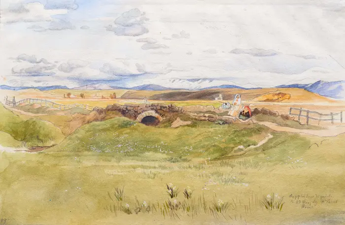 Das Bild einer hellen Landschaft mit grüner Wiese und zwei rastenden Personen.