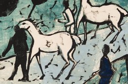 Erich Heckel, Weiße Pferde (Schwemme), 1912 Druckgrafik mit weißen Pferden und Menschen