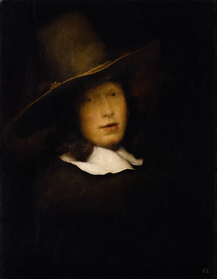 Gemälde eines Mannes mit Hut in dunklen Farben.