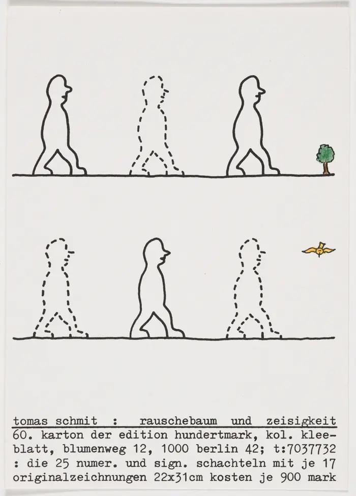 Sechs gehende Personen, mal mit durchgängigem Strich gezeichnet, mal mit gestrichelter Linie.