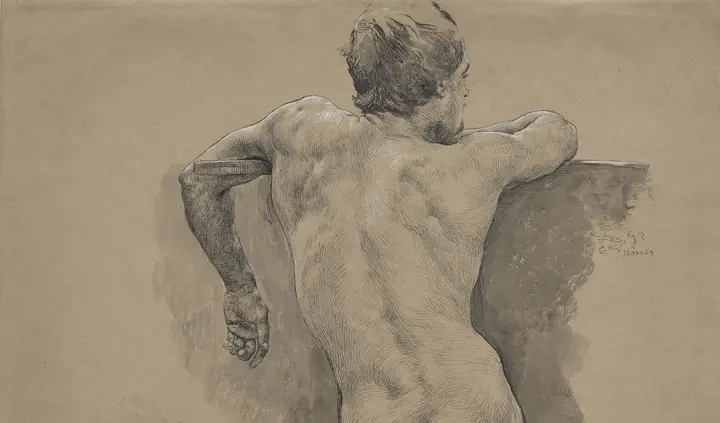 Otto Greiner, Stehender männlicher Rückenakt, an eine Mauer gelehnt. Links kleinere Wiederholung des Oberkörpers, 1892, C 1894-9