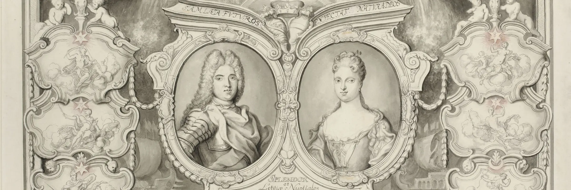 ein Kupferstich mit den Porträts von Friedrich August von Sachsen und Maria Josepha von Österreich