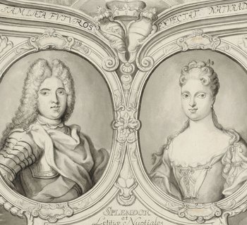 ein Kupferstich mit den Porträts von Friedrich August von Sachsen und Maria Josepha von Österreich