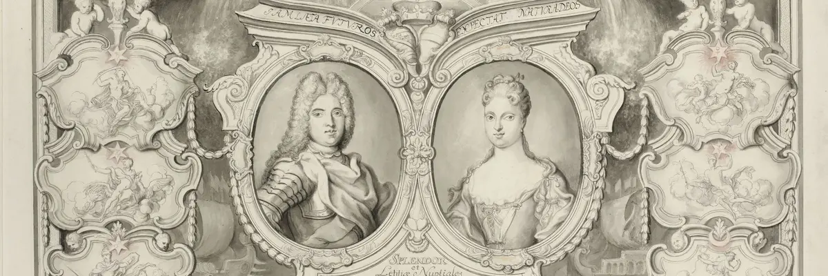 ein Kupferstich mit den Porträts von Friedrich August von Sachsen und Maria Josepha von Österreich