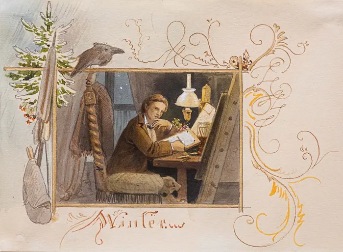 Das Bild eines Mannes am Schreibtisch, gerahmt von schnörkeligen Linien in Gold und kleinen Bildern wie das eines Raben.