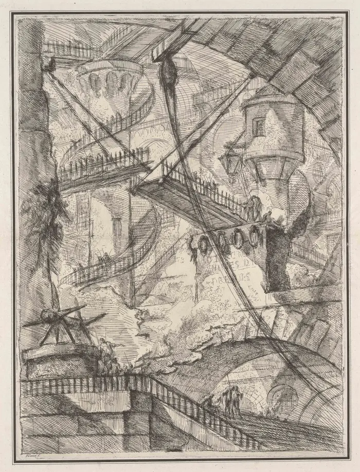 Die Bleistiftzeichnung einer Landschaft mit Brücken und Türmen und Mauern.