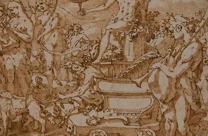 Andrea Boscoli, Trimph des Bacchus, 1582 (?) Runde Zeichnung mit verschiedenen Figuren der Mythologie