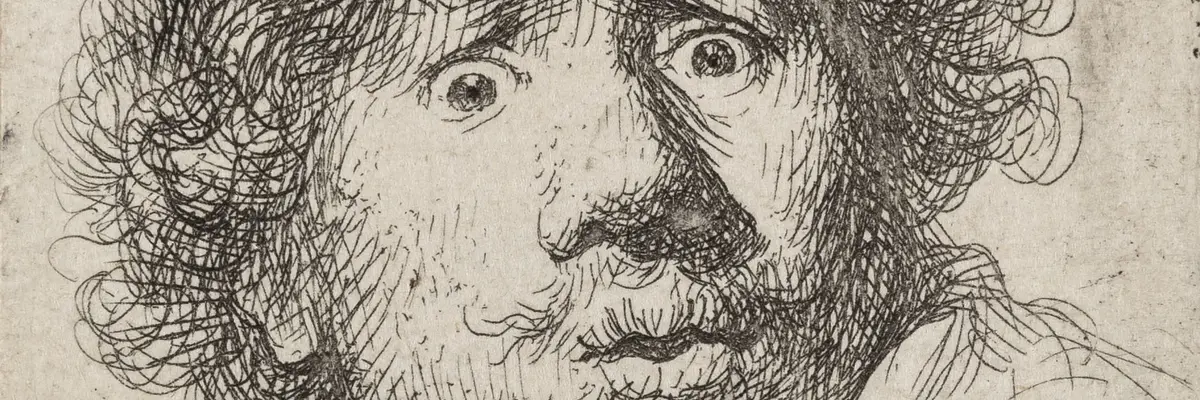 Die Porträtskizze eines Mannes mit aufgerissenen Augen.