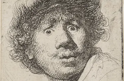Die Porträtskizze eines Mannes mit aufgerissenen Augen.