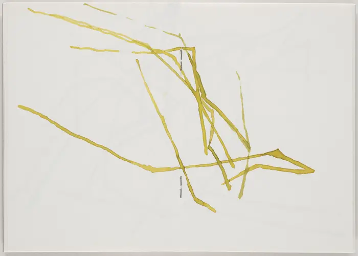 Eine willkürliche Anordnung von gelben Aquarelllinien 