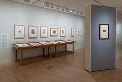Zeichnungen von Joseph Beuys ausgestellt auf einem Tisch und an den Wänden