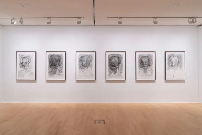 Raumansicht mit sechs hochformatigen Zeichnungen