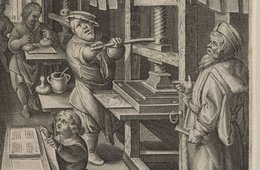 Impressio Librorum (Der Buchdruck), Blatt Nr. 4 der Folge "Nova Reperta" eine alte Buchdruck-Werkstatt