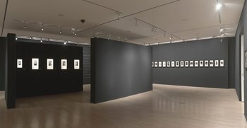 schwarze Wände mit ausgestellten Fotografien