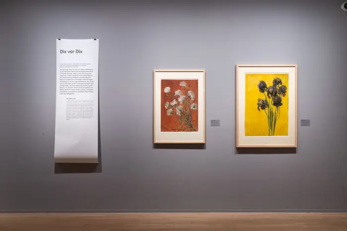 Zwei Blumen-Gemälde und ein erklärender Text hängen an einer grauen Wand.