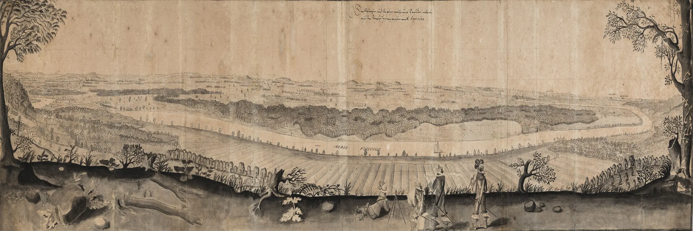 Die breite Zeichnung einer Landschaft mit Menschen und Bäumen im Vordergrund.