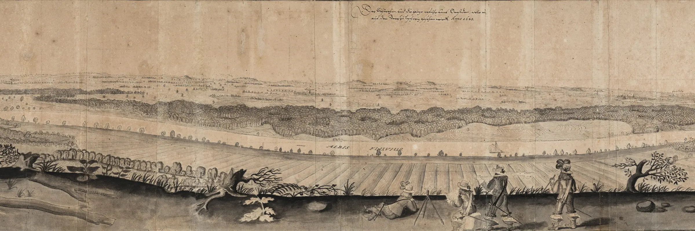 Die breite Zeichnung einer Landschaft mit Menschen und Bäumen im Vordergrund.