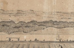 Die breite Zeichnung einer Landschaft mit Menschen und Bäumen im Vordergrund.