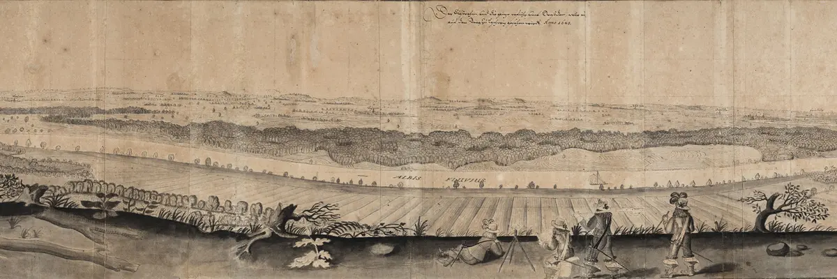 Die breite Zeichnung einer Landschaft mit Menschen und Bäumen im Vordergrund.