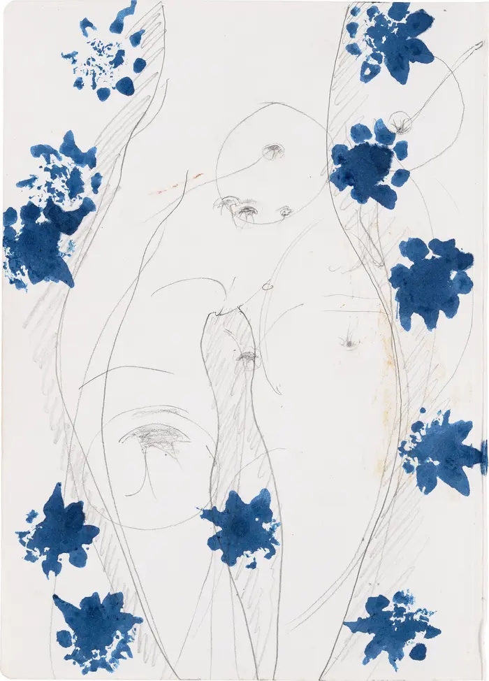 Abstrakte Skizze mit blauen Farbtupfern.