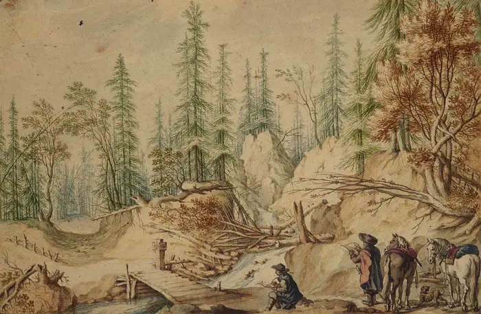 Zeichnung, die skizzierende Künstler an Fluss mit Bäumen zeigt