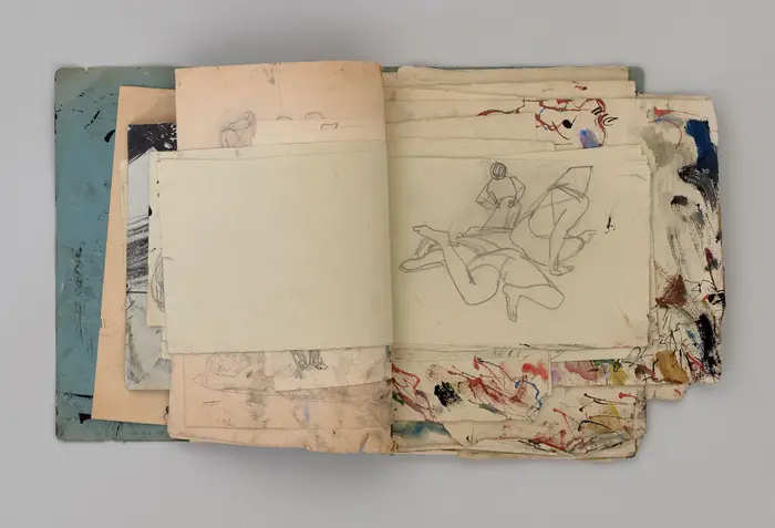 Josef Hegenbarth: Skizzenblätter, gelocht, geheftet, Bleistift, Mitte 1940er-/1950er-Jahre Blätter mit Skizzen in verschiedenen Größen wie ein Buch aneinandergeheftet.