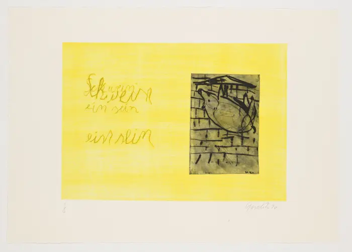 Die grobe Skizze eines Schweins kopfüber auf gelbem Hintergrund. Darauf mehrere, übereinandergeschriebene Worte.